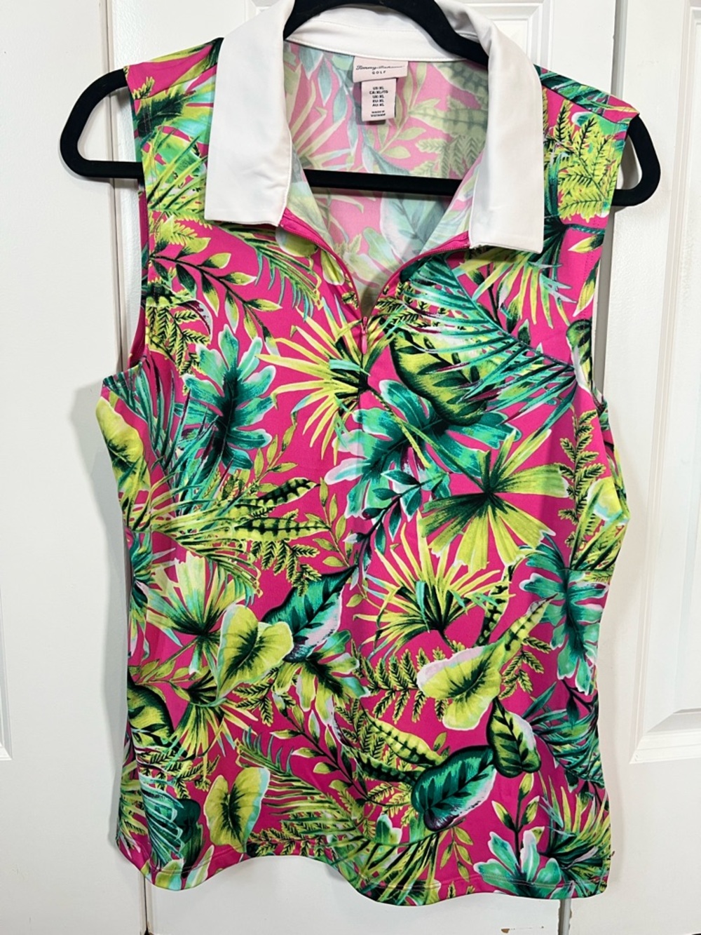 Tommy Bahama Golf Pink Tropical Print Sleeveless Polo with White Collar